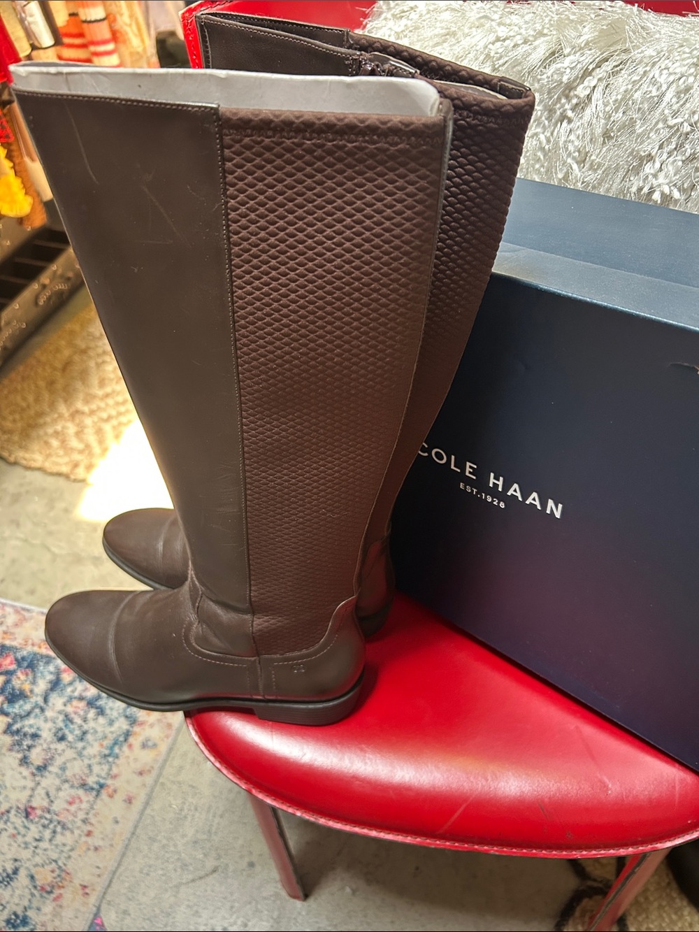 Cole Haan   womens Dark Brown Quilted-Panel Leather boots.